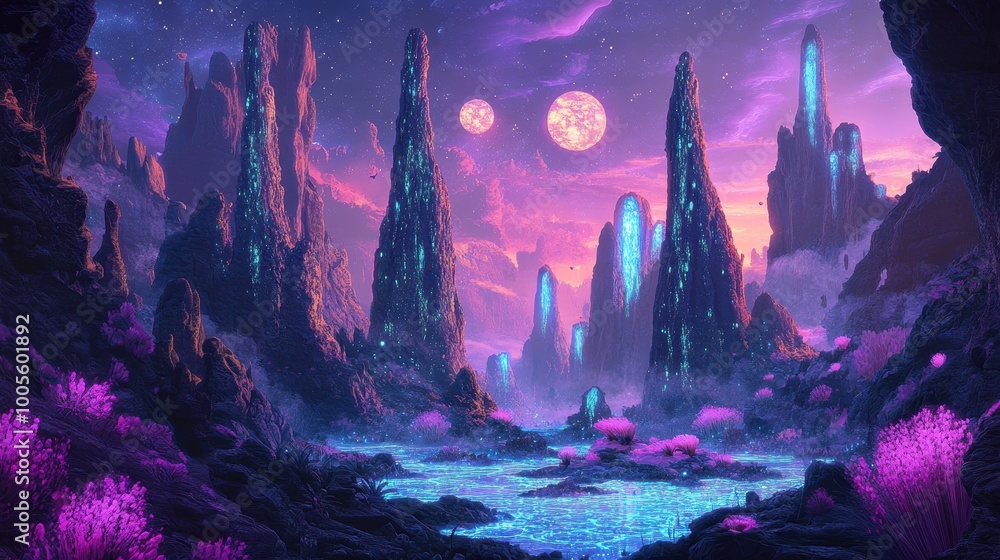 Fototapeta premium A surreal, otherworldly landscape with glowing rock formations, a lake, and two moons