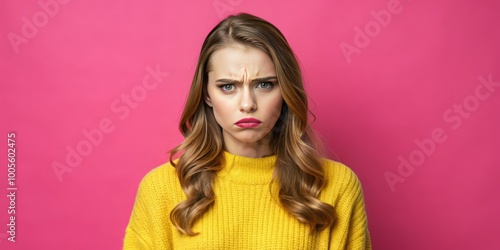 Wearing a bright yellow sweater, a frustrated female model displays a frown and look of disgust, contrasting sharply