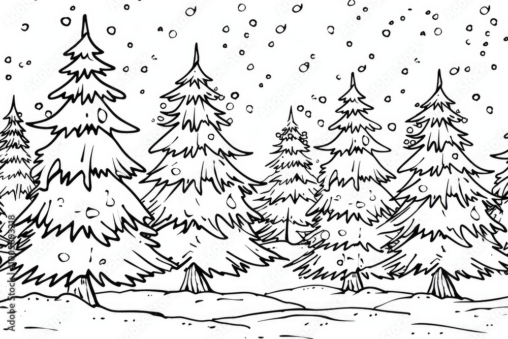 Coloring book illustration of Trees blanketed in snow Coloring book illustration of Trees blanketed in snow