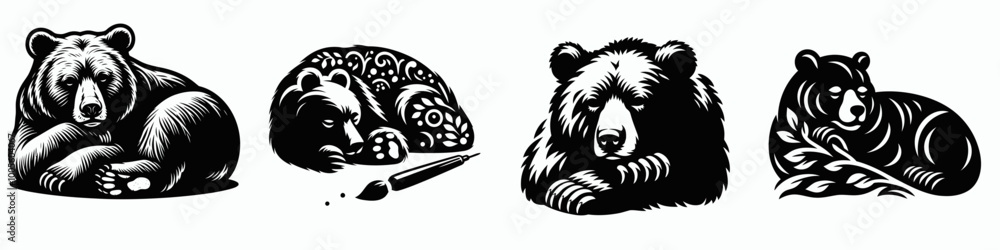 Fototapeta premium Four stylized illustrations of bears in various poses, showcasing their distinct features and character in a simple black-and-white design.