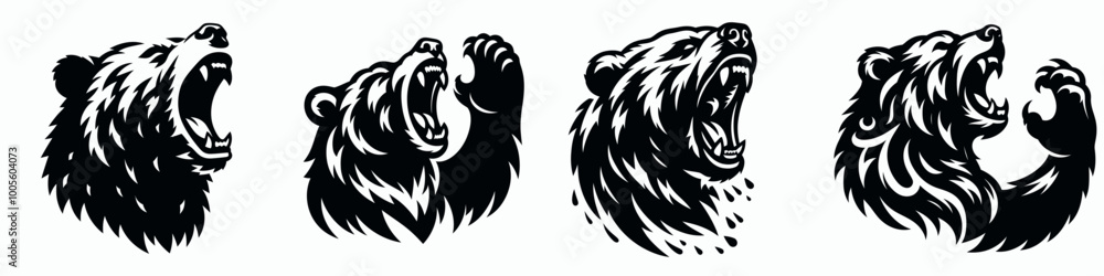 A series of stylized bear heads showcasing fierce expressions and dynamic poses, emphasizing strength and majesty. A series of stylized bear heads showcasing fierce expressions and dynamic poses, emphasizing strength and majesty.