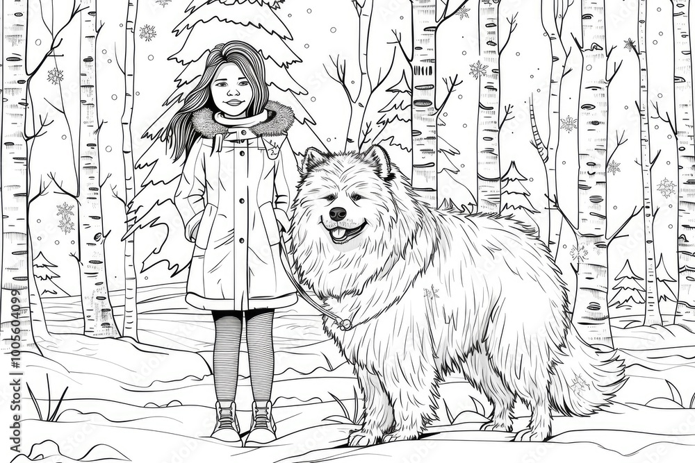 Naklejka premium Coloring book illustration of a girl in a winter coat standing with a fluffy dog in a snowy forest