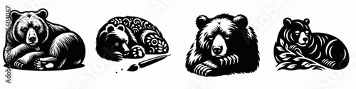 Four stylized illustrations of bears in various poses, showcasing their distinct features and character in a simple black-and-white design.