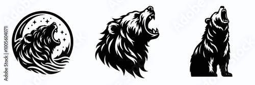 Three artistic bear designs featuring roaring poses, emphasizing powerful silhouettes and dynamic shapes against a contrasting backdrop.