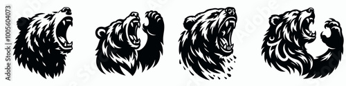 A series of stylized bear heads showcasing fierce expressions and dynamic poses, emphasizing strength and majesty.