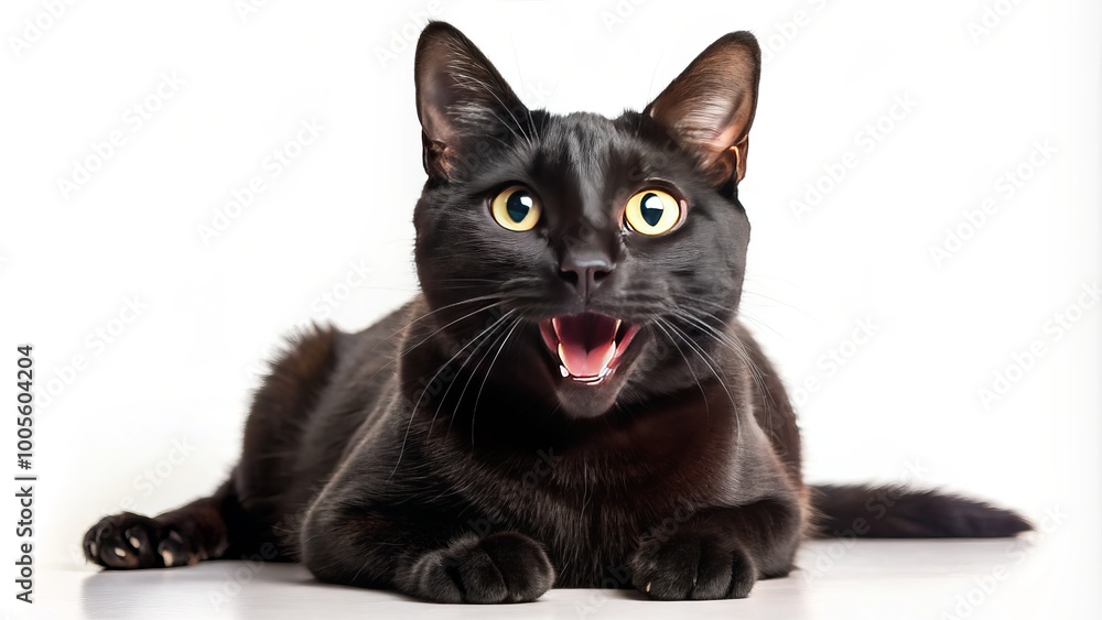 With its hilarious demeanor, a playful black cat poses for a portrait, contrasting vividly against a bright white With its hilarious demeanor, a playful black cat poses for a portrait, contrasting vividly against a bright white