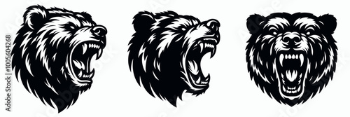 Three fierce bear head illustrations with open mouths, showcasing powerful and aggressive expressions in a bold, black design.