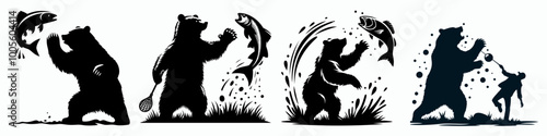 Four silhouetted bears dynamically catching fish in various poses, showcasing their strength and agility against a minimalistic background.