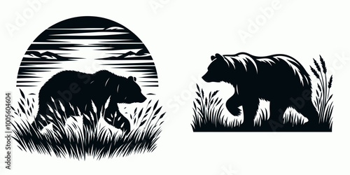 Two silhouetted bears walking through grass, one against a sunset backdrop, capturing nature's wild beauty and the essence of wildlife.