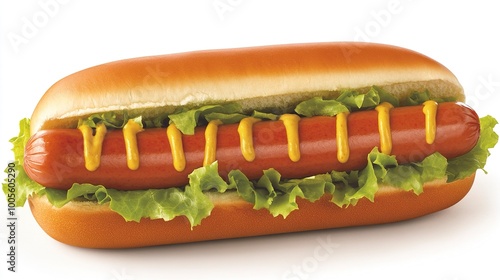 A hot dog with lettuce, tomatoes, and mustard served on a bun.generative ai