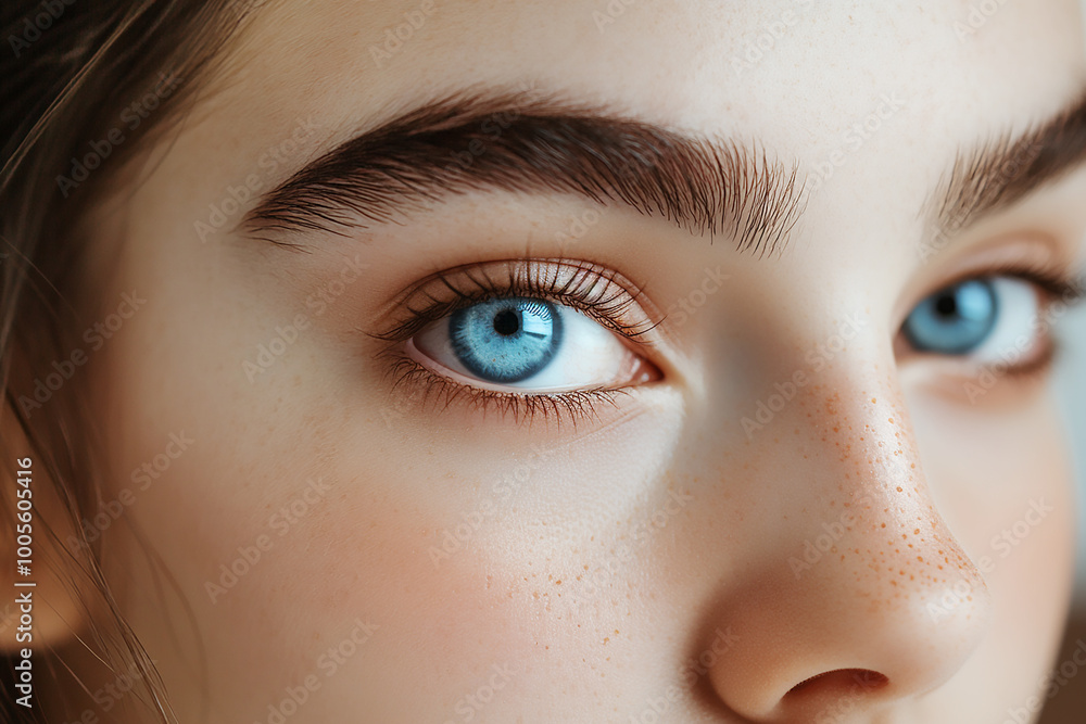 Blue eyes and perfect shapes of eyebrows. Close up portrait of beautiful young girl looking at camera. Blue eyes and perfect shapes of eyebrows. Close up portrait of beautiful young girl looking at camera.