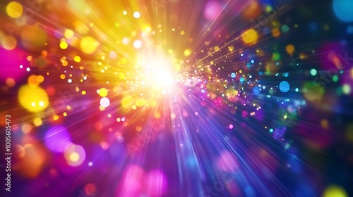 Abstract background with colorful light bursts and bokeh.
