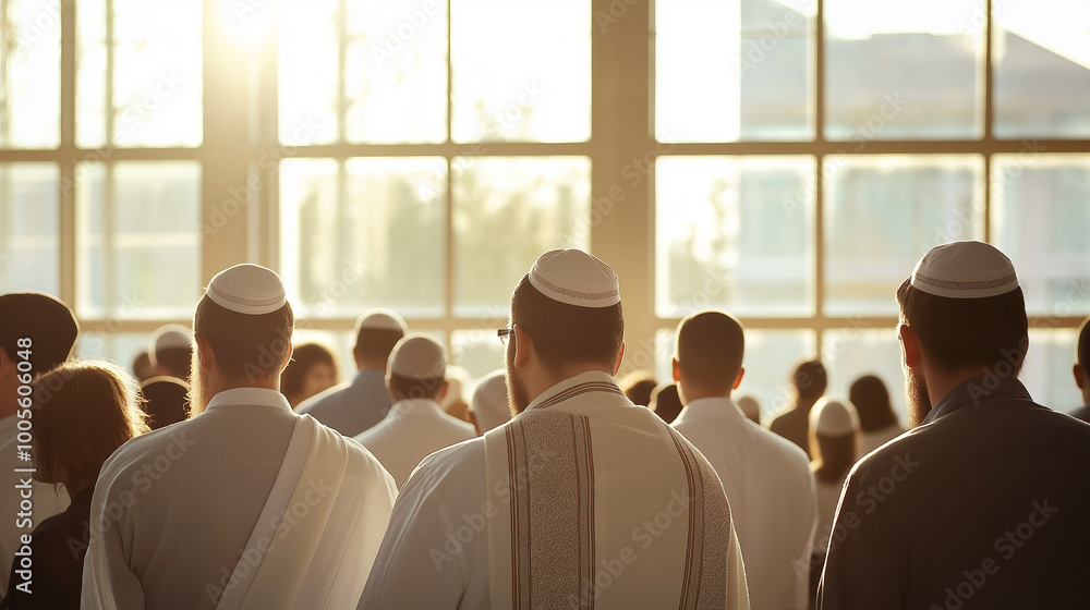 Obraz premium Faithful gathering at sunrise: jewish community in prayer