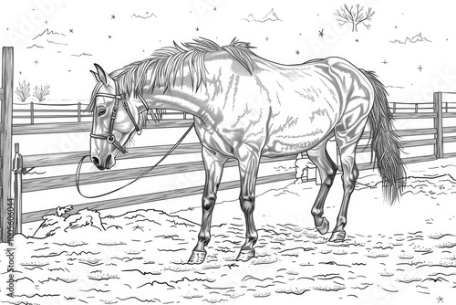 Coloring book illustration of a horse walking in a snow covered pen during winter