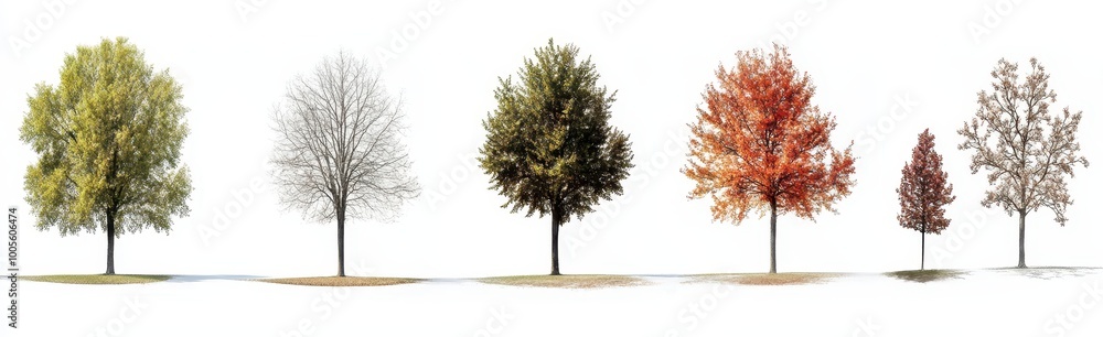 Fototapeta premium Photorealistic photograph of a series of trees at different stages in their growth, from young to fully grown and old, against a white background. 