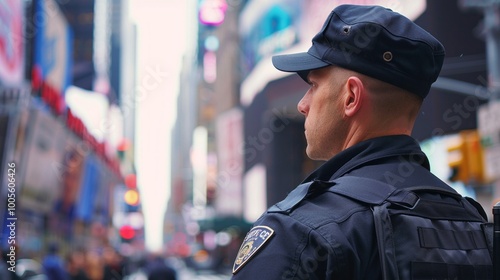 A police officer stands on a busy city street