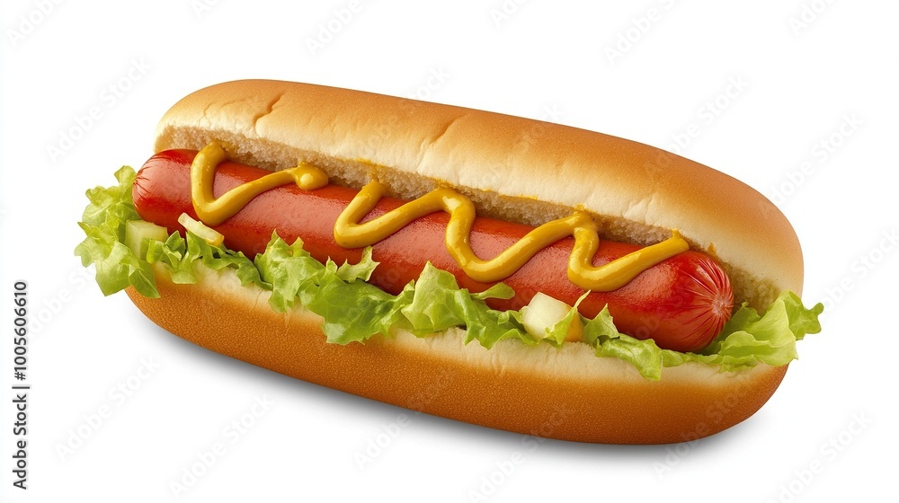 A hot dog with lettuce, tomatoes, and mustard served on a bun.generative ai A hot dog with lettuce, tomatoes, and mustard served on a bun.generative ai