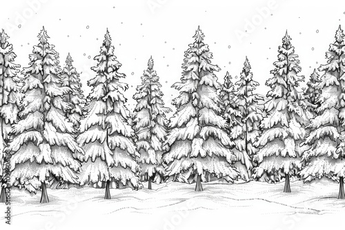 Coloring book illustration of a festive winter scene featuring snowy fir trees