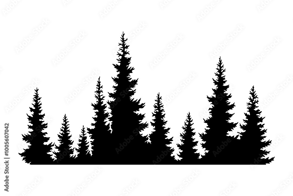 Fototapeta premium Fir trees silhouette. Coniferous spruce horizontal background pattern, black evergreen woods vector illustration. Beautiful hand drawn panorama of coniferous forest