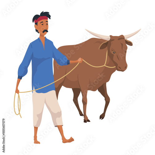 Indian farmer. India village cheering character working with cow harvesting or bangladesh people. Village rural character worker. Rural business and village concept. Vector illustration