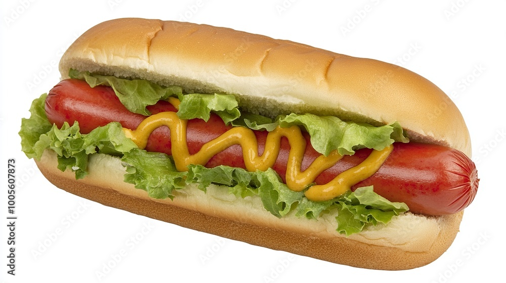 A hot dog with lettuce, tomatoes, and mustard served on a bun.generative ai A hot dog with lettuce, tomatoes, and mustard served on a bun.generative ai