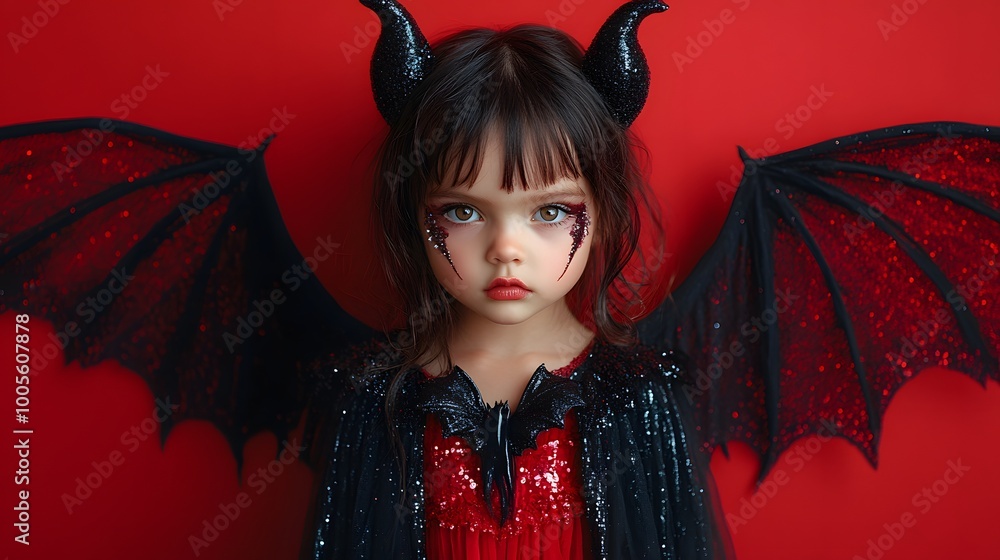 A little girl dressed as a glamorous vampire with a sparkling cape and glittery face makeup poses for Halloween photos