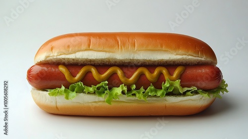 A hot dog with lettuce, tomatoes, and mustard served on a bun.generative ai