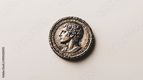 An intricately designed ancient coin is showcased against a clean white backdrop, highlighting its historical value for educational purposes.