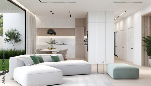 Sleek modern interior design with white upholstery and green landscape, offering a comfortable and elegant aesthetic.