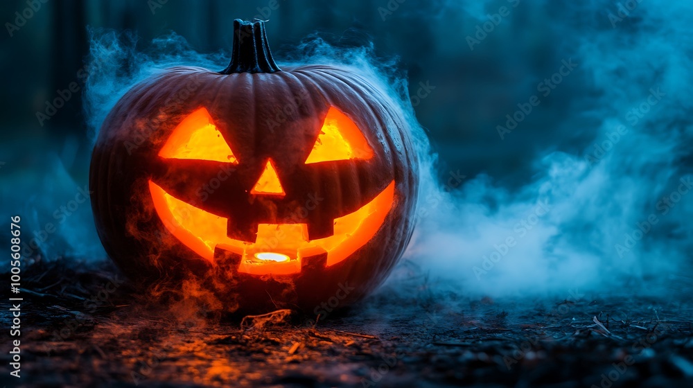 Naklejka premium Glowing Neon Pumpkin in Foggy Background