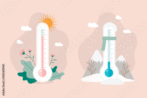 illustration with a thermometer, cold and heat on a beige background