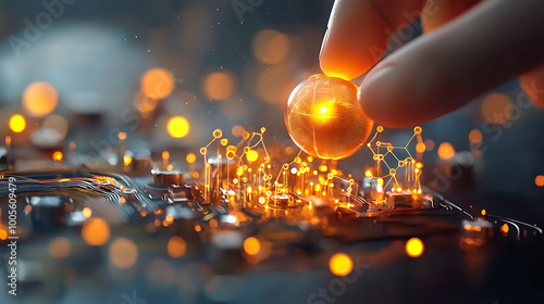 hand delicately holds glowing orb above circuit board, symbolizing fusion of technology and innovation. vibrant lights and intricate connections evoke sense of futuristic advancement and digital