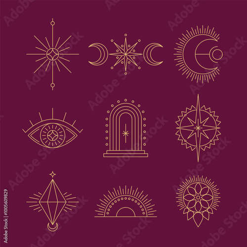 Celestial symbols, Thin line spiritual illustration. Set of Magic occult emblems