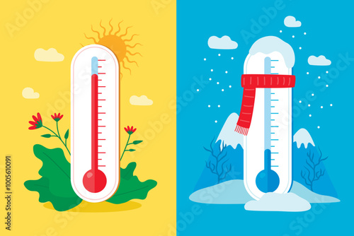 illustration with a thermometer, cold and heat on a yellow and blue background