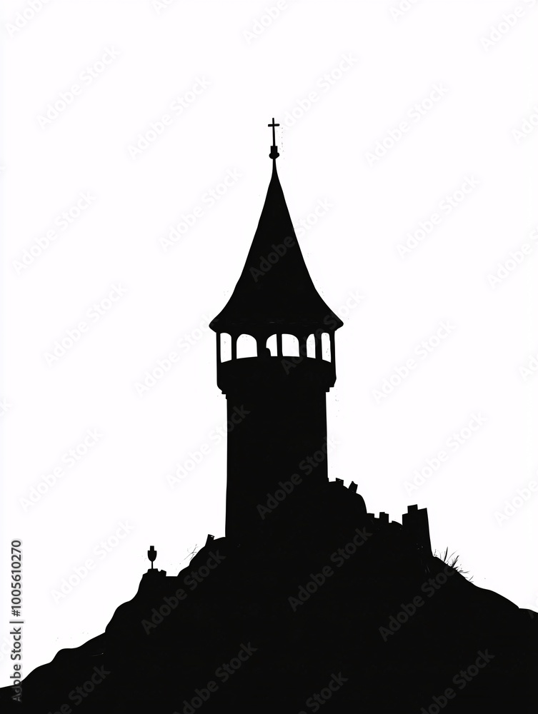 Silhouette mockup of a turret on a clean white background, ideal for presenting architectural concepts or imaginative poster designs with ample space for text. Silhouette mockup of a turret on a clean white background, ideal for presenting architectural concepts or imaginative poster designs with ample space for text.