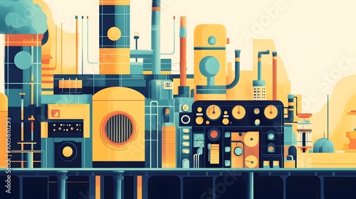 Whimsical cartoon inspired of a miniature power station featuring a vibrant cheerful palette crisp clean modernist design aesthetic and playful rounded machinery shapes for a lighthearted photo