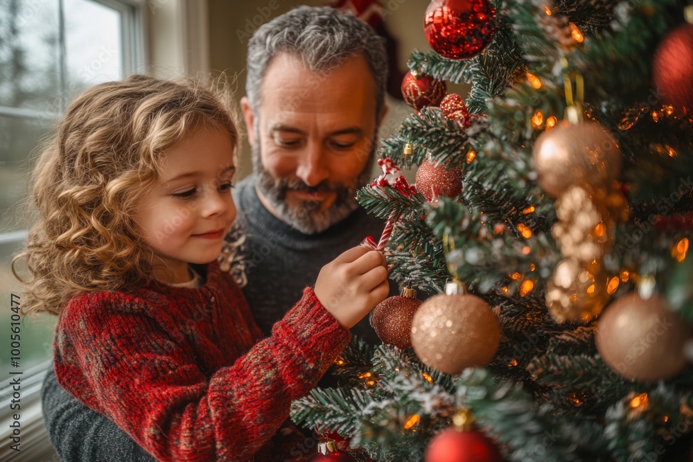 Father and daughter decorating christmas tree in cozy home during holiday season Father and daughter decorating christmas tree in cozy home during holiday season