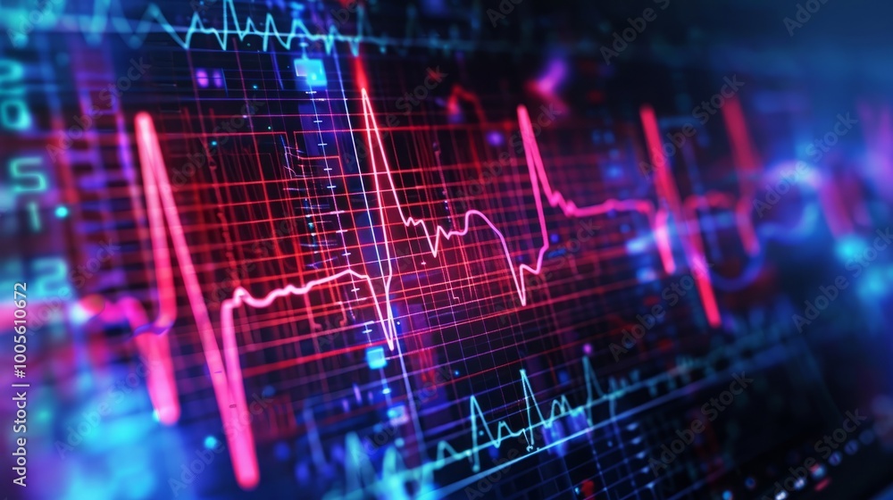 A close-up of a digital display with a bright red heartbeat line, pulsating rhythmically. The screen also displays other data and graphs in a futuristic style. A close-up of a digital display with a bright red heartbeat line, pulsating rhythmically. The screen also displays other data and graphs in a futuristic style.