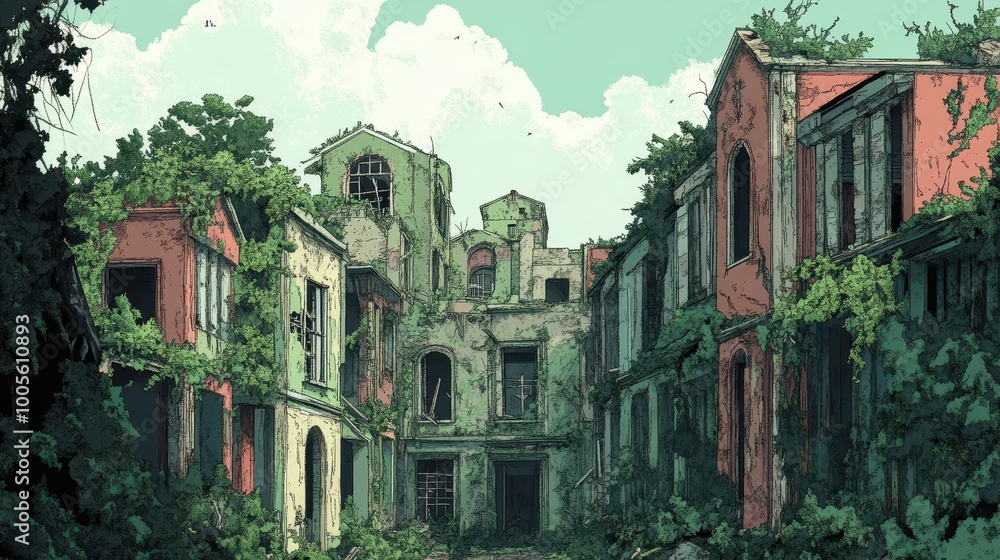 Fototapeta premium Overgrown Buildings in an Abandoned City