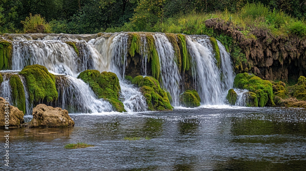 Tranquil cascading waterfall with mossy rocks. Tranquil cascading waterfall with mossy rocks.