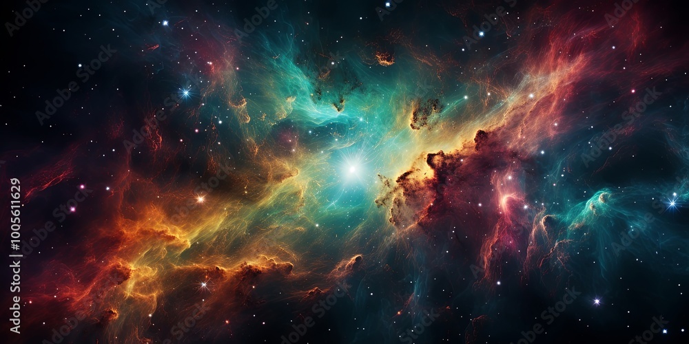Cosmic Symphony of Dust and Light, A Stellar Tapestry of Swirling Colors and Distant Stars Cosmic Symphony of Dust and Light, A Stellar Tapestry of Swirling Colors and Distant Stars
