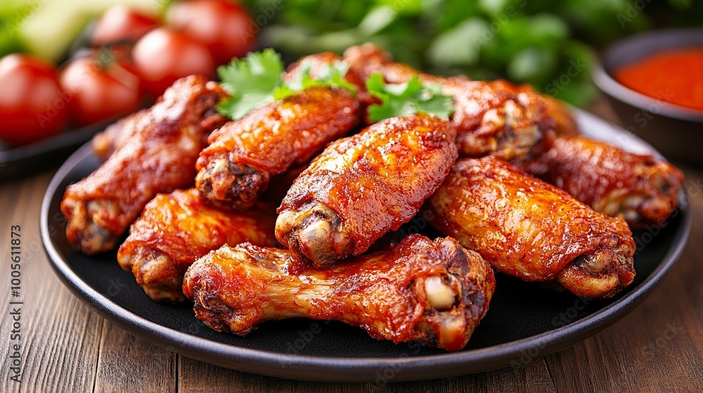 A menu of fried chicken wings arranged on a plate. Thai ASEAN food, rich in protein, vegetables, spices, grilled or fried. Fast food, convenient, fast, delicious taste. .generative ai A menu of fried chicken wings arranged on a plate. Thai ASEAN food, rich in protein, vegetables, spices, grilled or fried. Fast food, convenient, fast, delicious taste. .generative ai