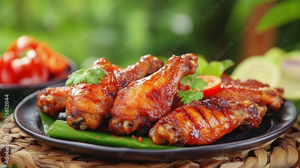 A menu of fried chicken wings arranged on a plate. Thai ASEAN food, rich in protein, vegetables, spices, grilled or fried. Fast food, convenient, fast, delicious taste. .generative ai A menu of fried chicken wings arranged on a plate. Thai ASEAN food, rich in protein, vegetables, spices, grilled or fried. Fast food, convenient, fast, delicious taste. .generative ai