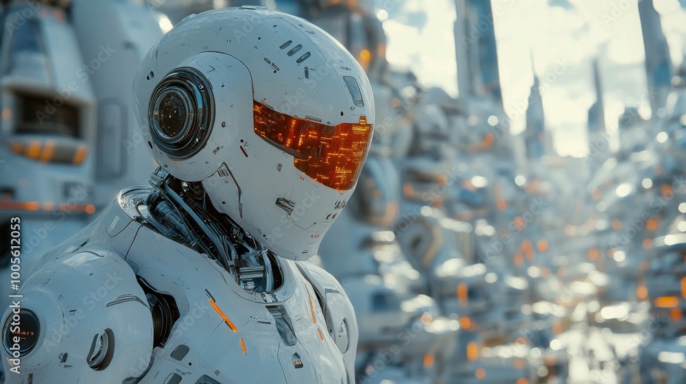 Futuristic humanoid robot in a sci-fi cityscape during daytime concept of advanced technology Futuristic humanoid robot in a sci-fi cityscape during daytime concept of advanced technology