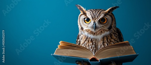 Elegant owl engrossed in a book on a serene blue backdrop, representing wisdom and learning, with generous copy space for educational content