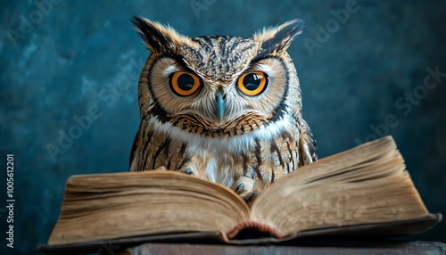 Elegant owl with a book set against a blue backdrop, showcasing wisdom and education, ample space for text, detailed and inspirational image photo