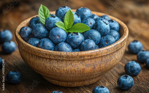 A bowl of fresh blueberries on a wooden background. Created with Ai