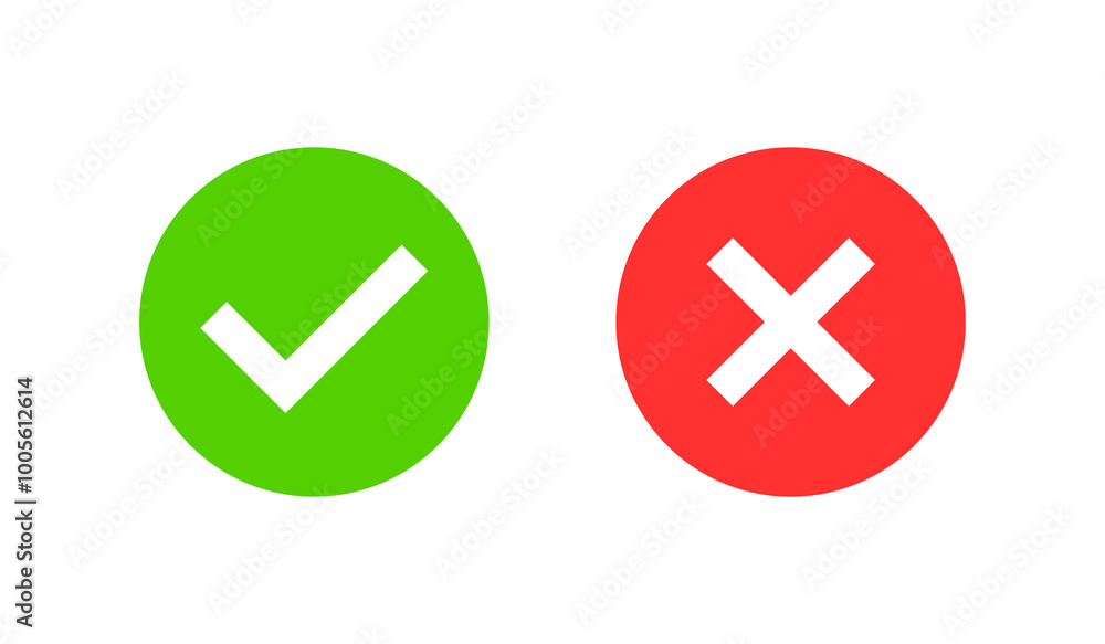 A simple icon set featuring two bold symbols a green circle with a white checkmark and a red circle with a white cross, error or rejection. A simple icon set featuring two bold symbols a green circle with a white checkmark and a red circle with a white cross, error or rejection.