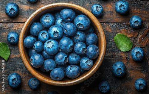 A bowl of fresh blueberries on wooden table, top view. Blueberry is one kind of very rich in flo shutting the leaves with small white dots and oval shapes. Created with AI