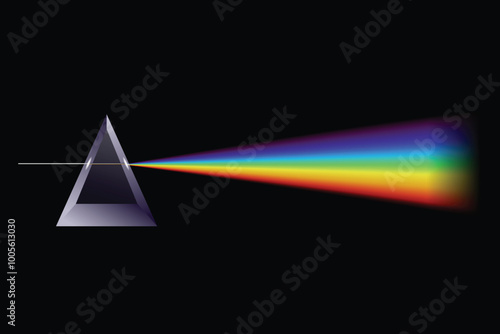 Illustration of White Light Splitting into Spectrum via Glass Prism on Black Background